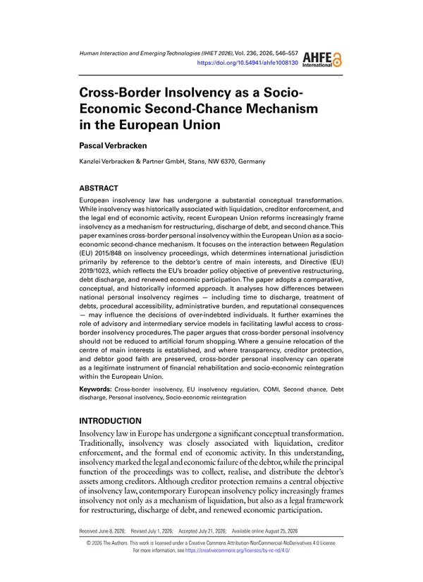 Vorschau der ersten Dokumentseite: Cross-Border Insolvency as a Socio-Economic Second-Chance Mechanism in the European Union