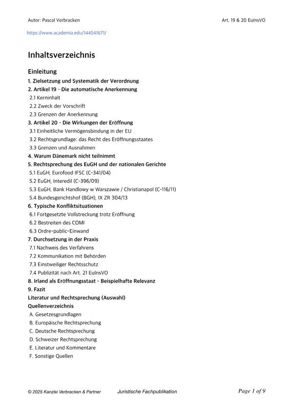 Vorschau der ersten Dokumentseite: Fachpublikation von Pascal Verbracken - Art 19 und 20 EuInsVO