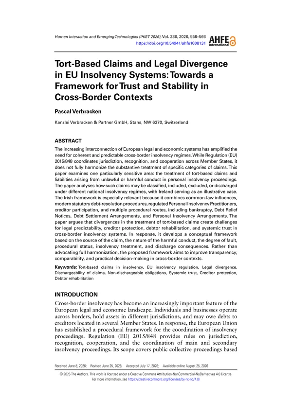 Vorschau der ersten Dokumentseite: Tort-Based Claims and Legal Divergence in EU Insolvency Systems: Towards a Framework for Trust and Stability in Cross-Border Contexts